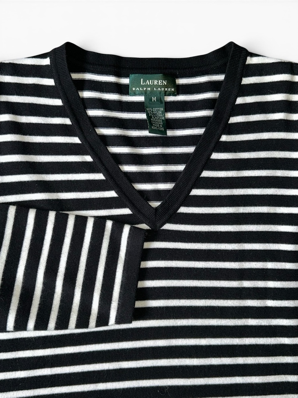 Vintage Lauren Ralph Lauren Black And White Striped V Neck 3/4 Sleeve Sweater M
